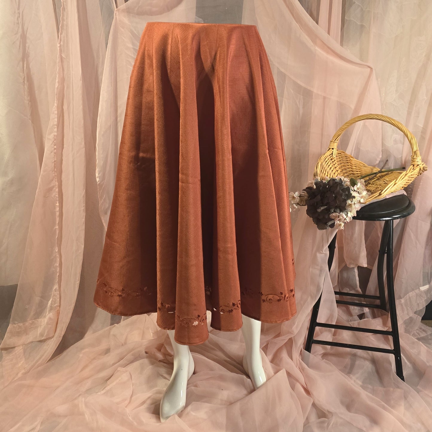 Orange Circle Skirt with Perforated Leaves Trim