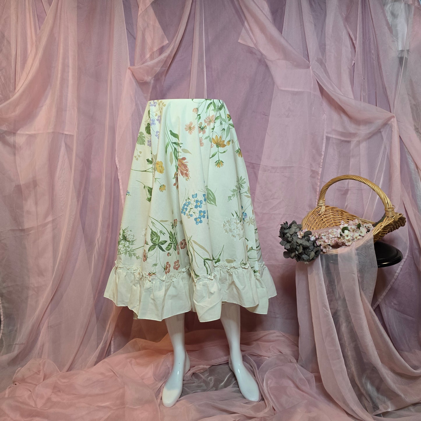 Cream Floral Ruffled Circle Skirt